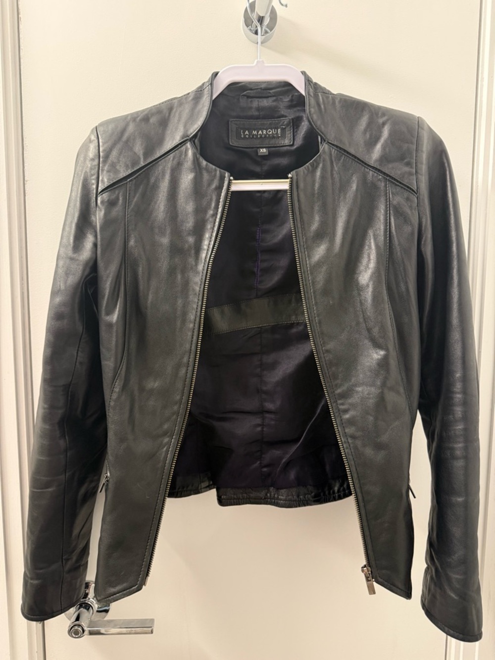 Lamarque Black Leather Collarless Moto Jacket